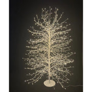 Albero decorativo natalizio bianco con rami sottili illuminato da micro LED bianco caldo su sfondo nero alto 150 cm.