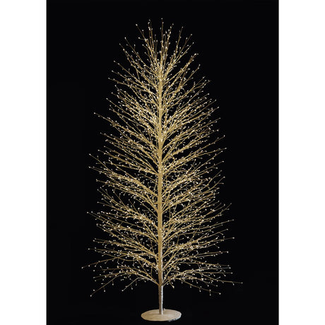 Albero decorativo natalizio bianco con rami sottili illuminato da micro LED bianco caldo su sfondo nero alto 210 cm.