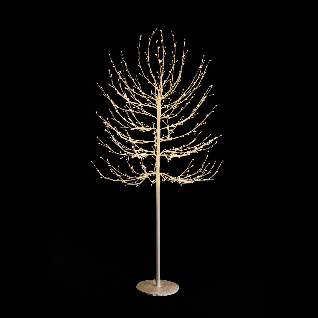 Albero decorativo natalizio bianco con rami luminosi e micro LED bianco caldo su sfondo nero alto 150cm.