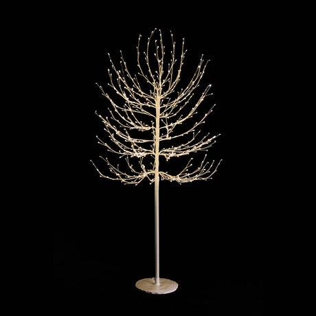 Albero decorativo natalizio bianco con rami luminosi e micro LED bianco caldo su sfondo nero alto 150cm.
