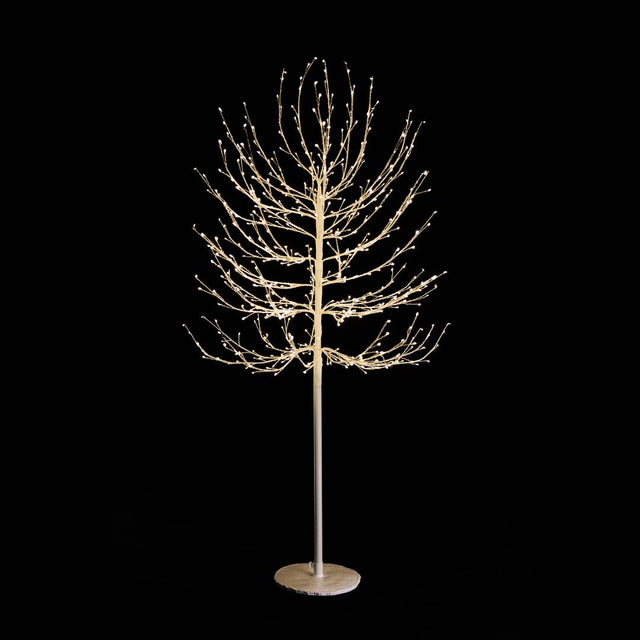 Albero decorativo natalizio bianco con rami luminosi e micro LED bianco caldo su sfondo nero alto 150cm.