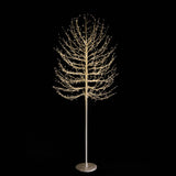 Albero decorativo natalizio bianco con rami luminosi e micro LED bianco caldo su sfondo nero alto 180cm.
