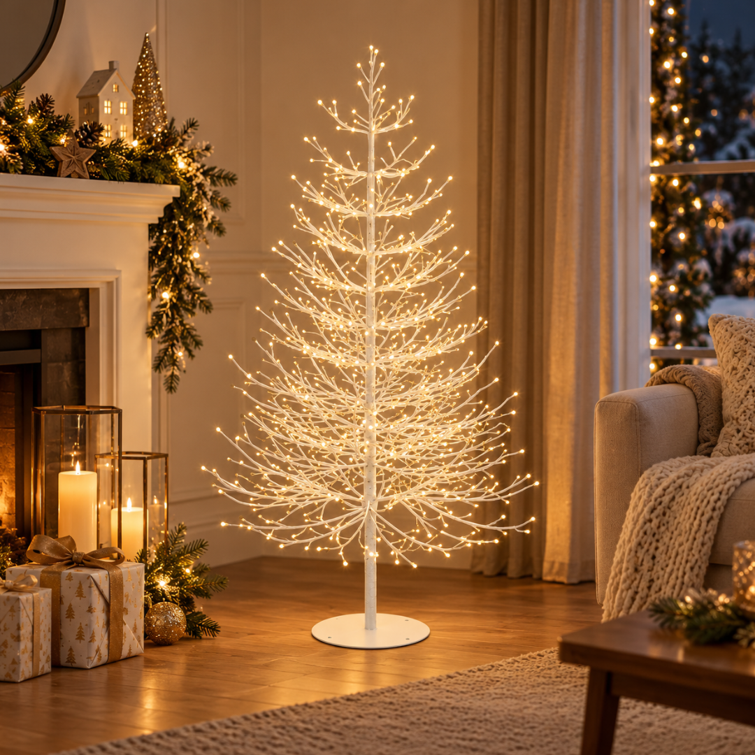 Albero luminoso bianco con luci calde ambientato in un elegante soggiorno decorato per Natale