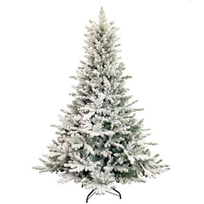 Albero di Natale innevato in PE e PVC con base in metallo, alto 180 cm, su sfondo bianco.
