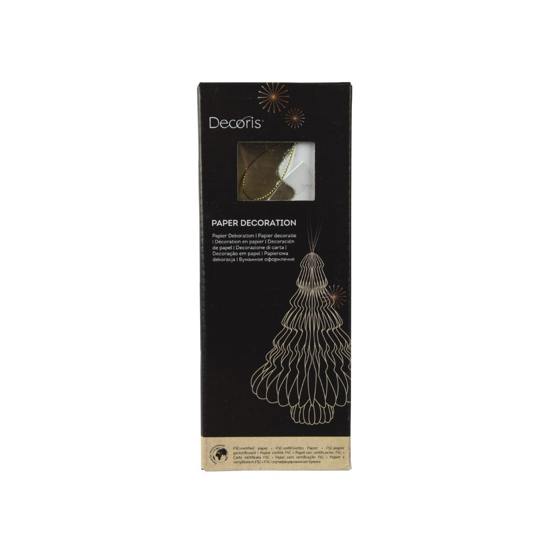 Confezione decorazione natalizia in carta bianca a forma di albero, con grafica dorata.