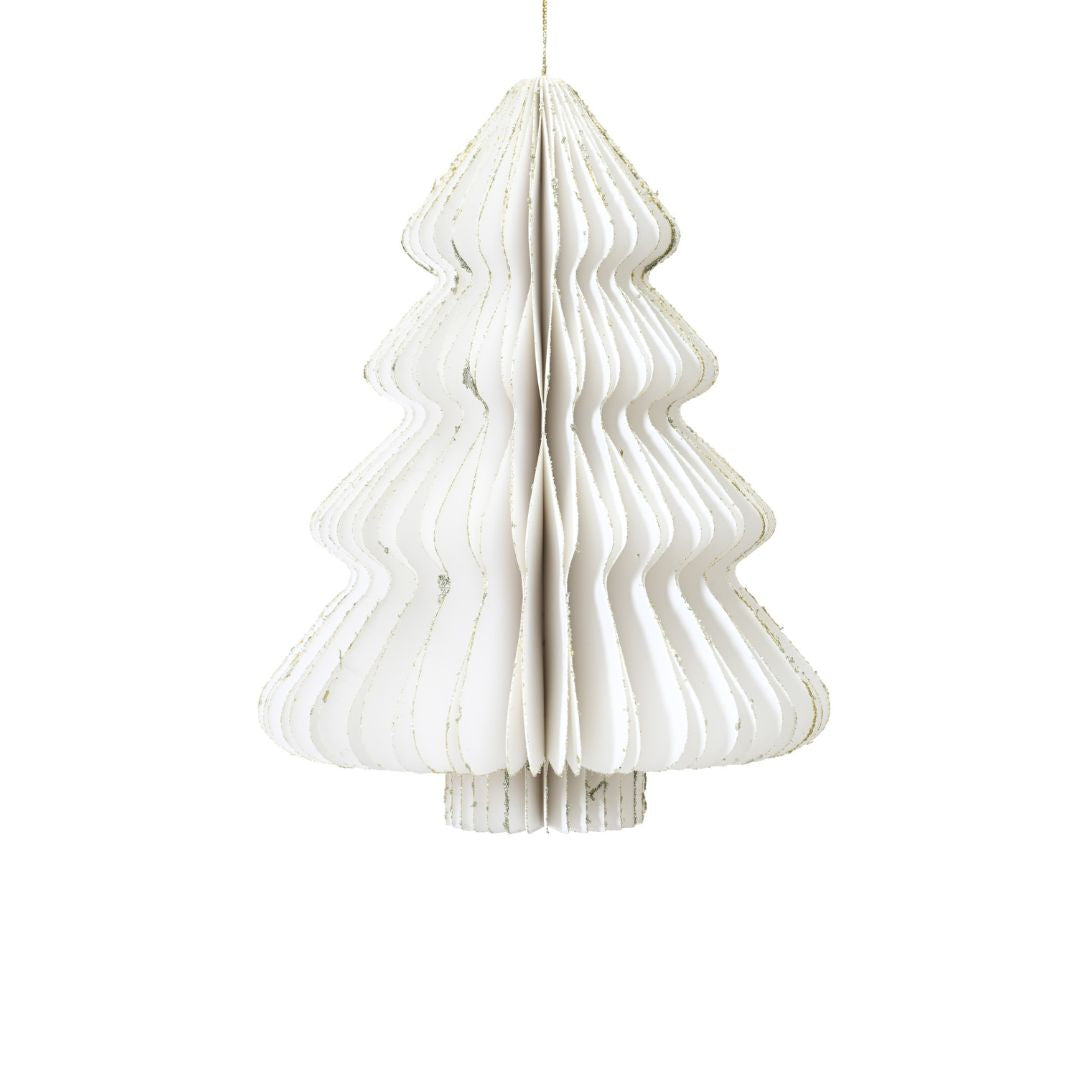 Decorazione natalizia a nido d’ape in carta bianca a forma di albero di Natale, con profili ondulati e cordoncino dorato per appenderla.