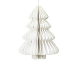 Decorazione natalizia a nido d’ape in carta bianca a forma di albero di Natale, con profili ondulati e cordoncino dorato per appenderla.