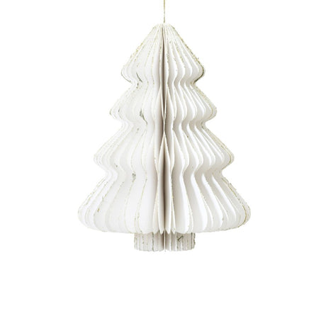 Decorazione natalizia a nido d’ape in carta bianca a forma di albero di Natale, con profili ondulati e cordoncino dorato per appenderla.