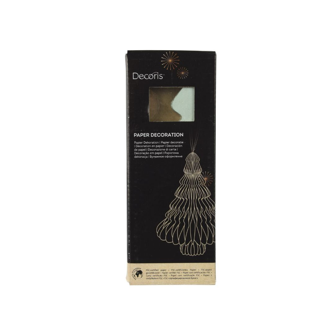 Confezione decorazione natalizia in carta colore verde menta a forma di albero, con grafica dorata