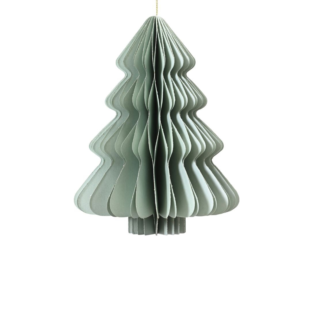 Decorazione natalizia a nido d’ape in carta colore verde menta a forma di albero di Natale, con profili ondulati e cordoncino dorato per appenderla.