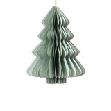 Decorazione natalizia a nido d’ape in carta colore verde menta a forma di albero di Natale, con profili ondulati e cordoncino dorato per appenderla.