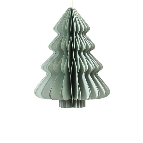 Decorazione natalizia a nido d’ape in carta colore verde menta a forma di albero di Natale, con profili ondulati e cordoncino dorato per appenderla.