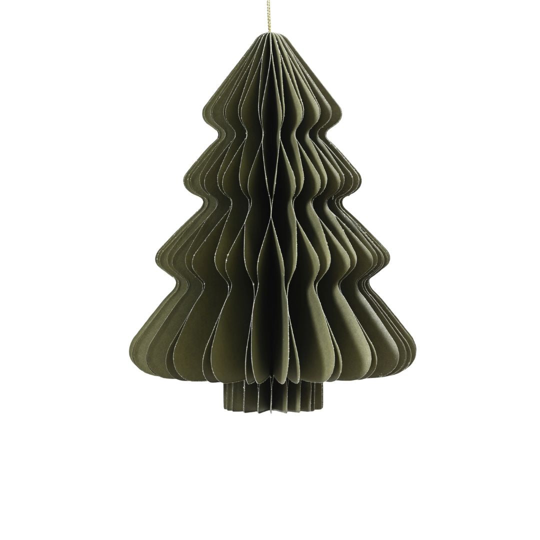 Decorazione natalizia a nido d’ape in carta verde a forma di albero di Natale, con profili ondulati e cordoncino dorato per appenderla.