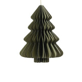 Decorazione natalizia a nido d’ape in carta verde a forma di albero di Natale, con profili ondulati e cordoncino dorato per appenderla.