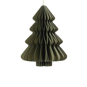 Decorazione natalizia a nido d’ape in carta verde a forma di albero di Natale, con profili ondulati e cordoncino dorato per appenderla.