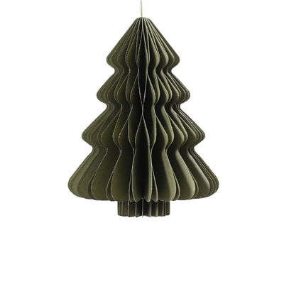 Decorazione natalizia a nido d’ape in carta verde a forma di albero di Natale, con profili ondulati e cordoncino dorato per appenderla.