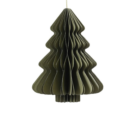 Decorazione natalizia a nido d’ape in carta verde a forma di albero di Natale, con profili ondulati e cordoncino dorato per appenderla.