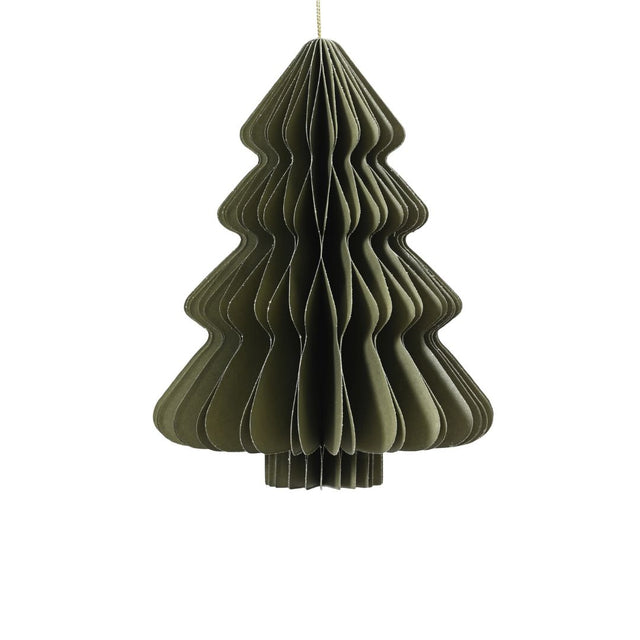 Decorazione natalizia a nido d’ape in carta verde a forma di albero di Natale, con profili ondulati e cordoncino dorato per appenderla.