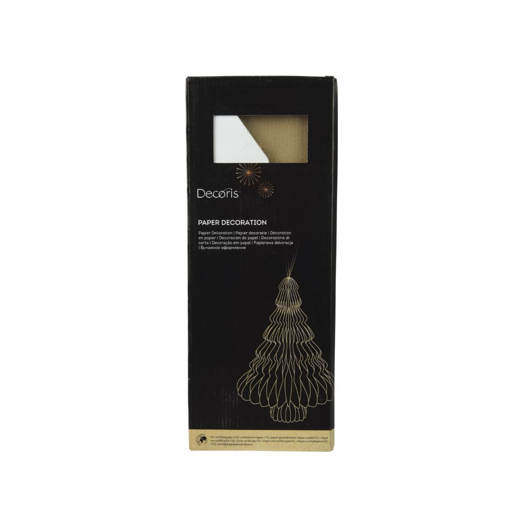Confezione decorazione natalizia in carta bianca a forma di albero, con grafica dorata.