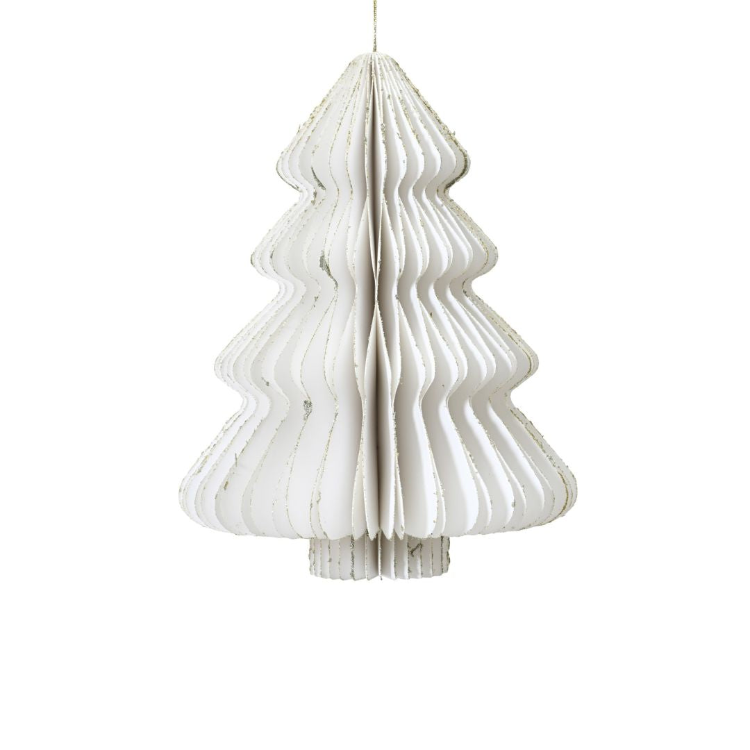 Decorazione natalizia a nido d’ape in carta bianca a forma di albero di Natale, con profili ondulati e cordoncino dorato per appenderla.