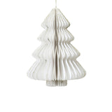 Decorazione natalizia a nido d’ape in carta bianca a forma di albero di Natale, con profili ondulati e cordoncino dorato per appenderla.