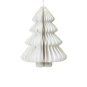 Decorazione natalizia a nido d’ape in carta bianca a forma di albero di Natale, con profili ondulati e cordoncino dorato per appenderla.