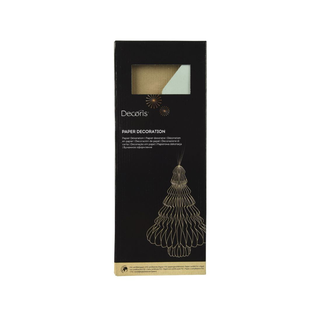 Confezione decorazione natalizia in carta verde menta a forma di albero, con grafica dorata.