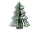 Decorazione natalizia a nido d’ape in carta colore verde menta a forma di albero di Natale, con profili ondulati e cordoncino dorato per appenderla.
