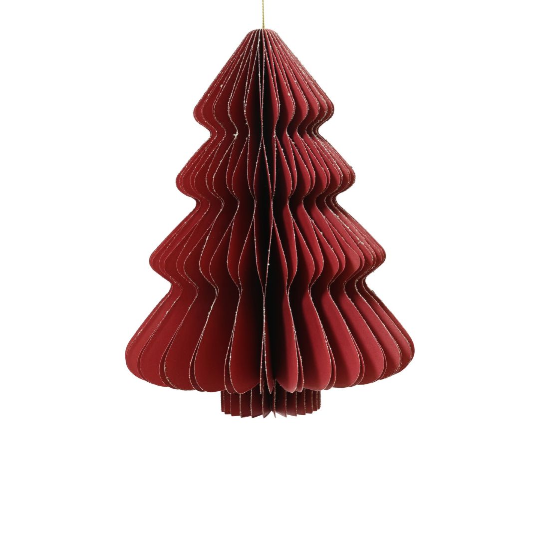 Decorazione natalizia a nido d’ape in carta rossa a forma di albero di Natale, con profili ondulati e cordoncino dorato per appenderla.