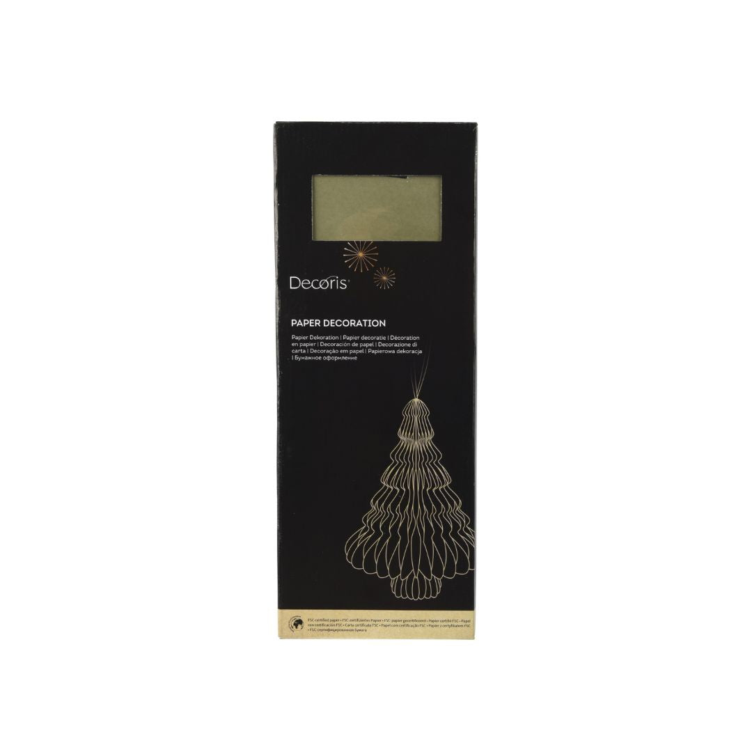 Confezione decorazione natalizia in carta verdea forma di albero, con grafica dorata.