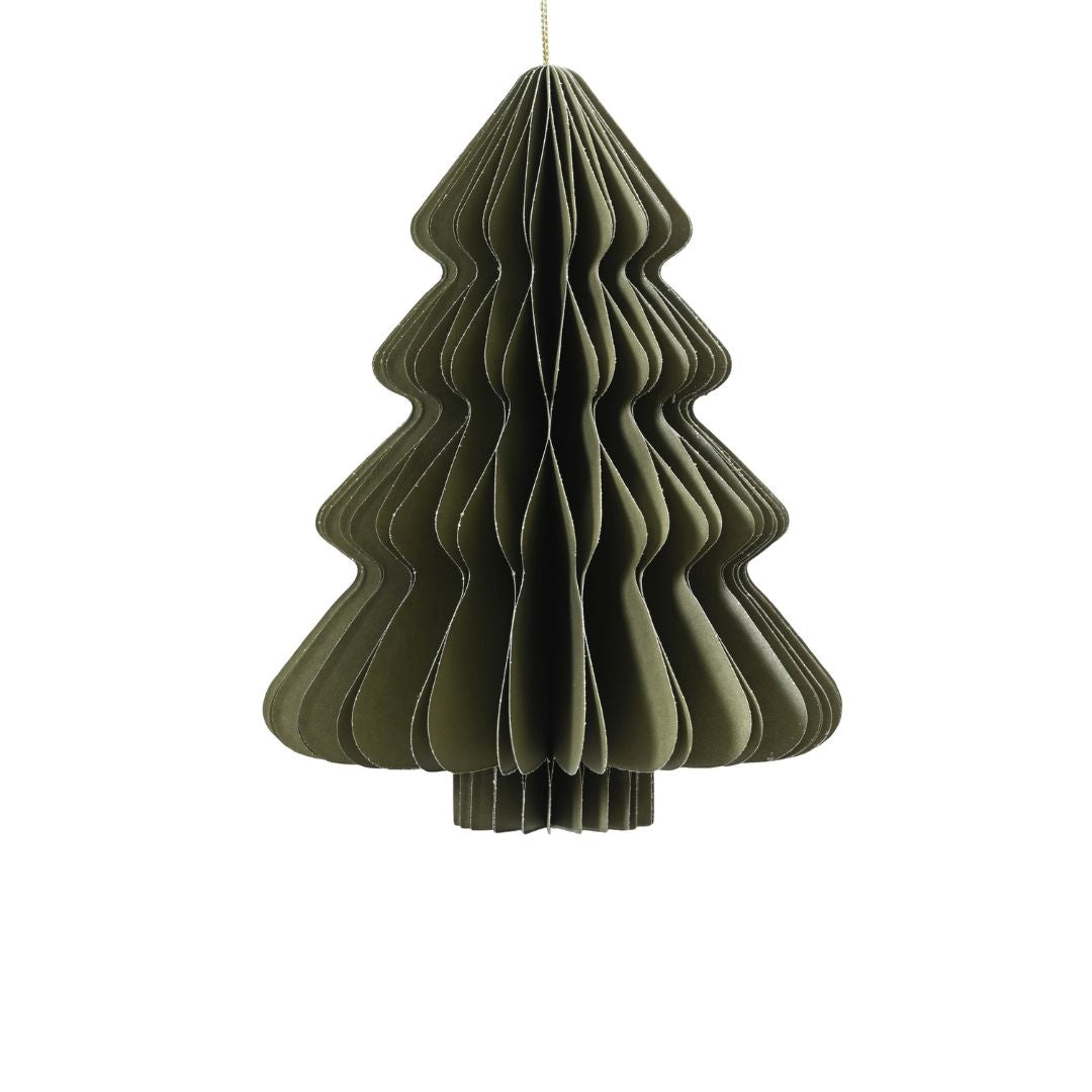 Decorazione natalizia a nido d’ape in carta verde a forma di albero di Natale, con profili ondulati e cordoncino dorato per appenderla.