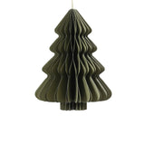 Decorazione natalizia a nido d’ape in carta verde a forma di albero di Natale, con profili ondulati e cordoncino dorato per appenderla.