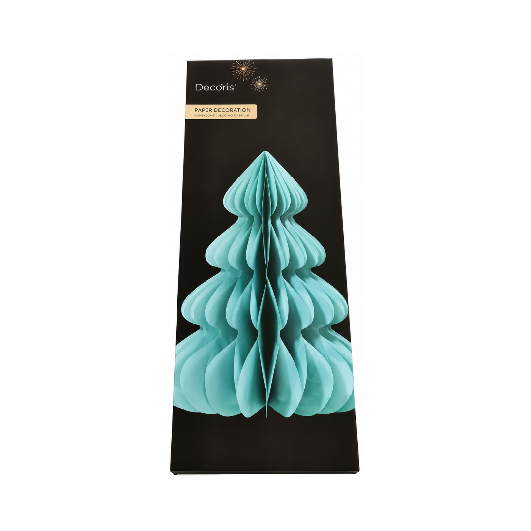 Albero di Natale in carta pieghettata azzurro chiaro nella confezione originale