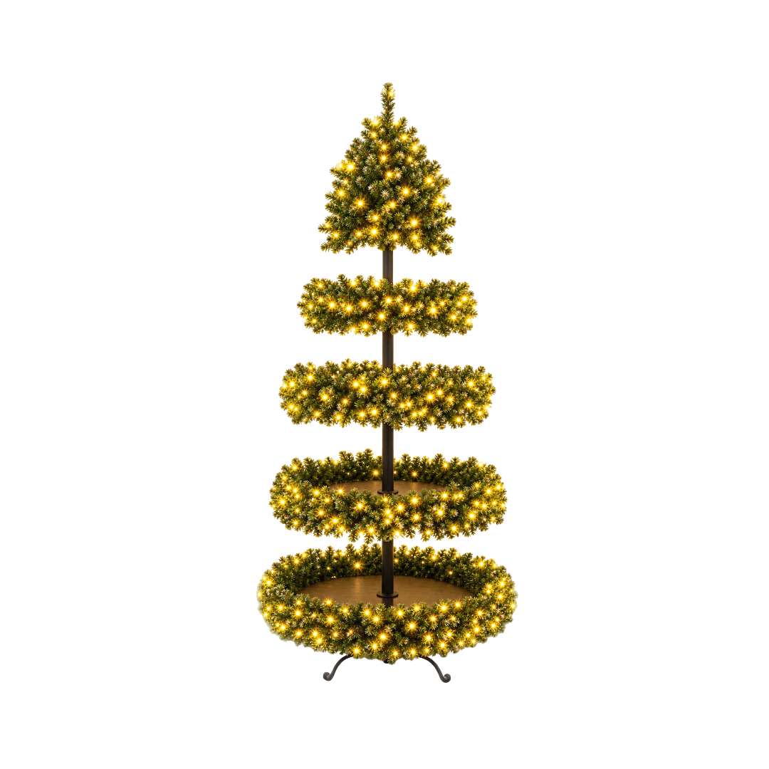 Albero di Natale Garden Team a cinque livelli con ripiani circolari, rami verdi, luci LED bianco caldo e struttura in metallo.