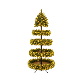 Albero di Natale Garden Team a cinque livelli con ripiani circolari, rami verdi, luci LED bianco caldo e struttura in metallo.