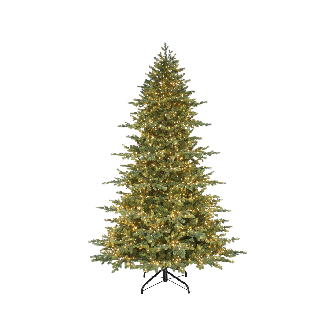 Albero di Natale verde dall’aspetto folto e naturale, con numerose luci calde integrate e base con supporto in metallo