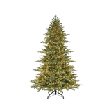 Albero di Natale verde dall’aspetto folto e naturale, con numerose luci calde integrate e base con supporto in metallo