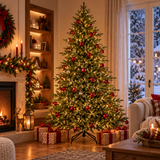 Albero di Natale verde folto con luci calde e palline rosse, ambientato in un elegante soggiorno natalizio accanto al camino e circondato da pacchi regalo