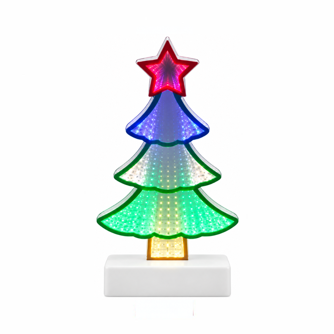 Decorazione luminosa Infinity a forma di albero di Natale multicolore con stella rossa sulla sommità