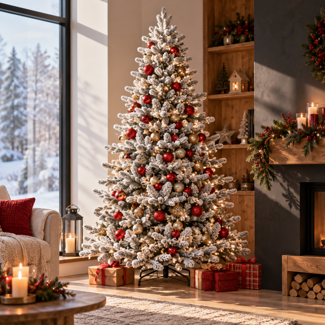 Albero di Natale innevato folto decorato con palline rosse e dorate e luci calde, ambientato in un elegante soggiorno natalizio accanto al camino e a pacchi regalo