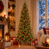 Albero di Natale slim verde con luci calde e palline rosse, ambientato in un accogliente soggiorno natalizio accanto al camino e circondato da pacchi regalo