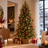 Albero di Natale verde dall’aspetto naturale, decorato con palline rosse e dorate e luci calde, ambientato in un elegante soggiorno natalizio con pacchi regalo alla base