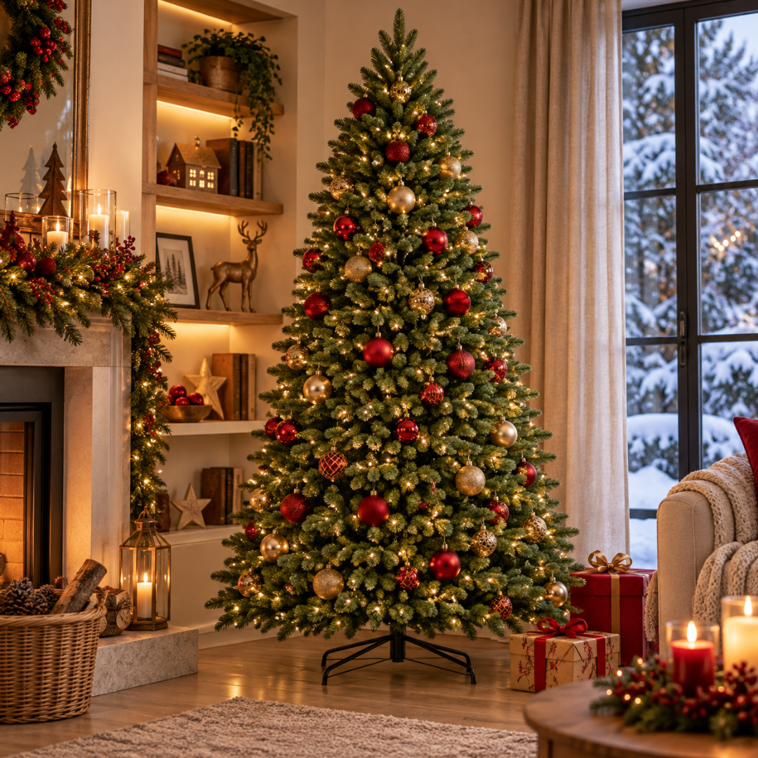 Albero di Natale verde folto decorato con palline rosse e dorate e luci calde, ambientato in un elegante soggiorno natalizio accanto al camino