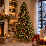 Albero di Natale verde folto decorato con palline rosse e dorate e luci calde, ambientato in un elegante soggiorno natalizio accanto al camino