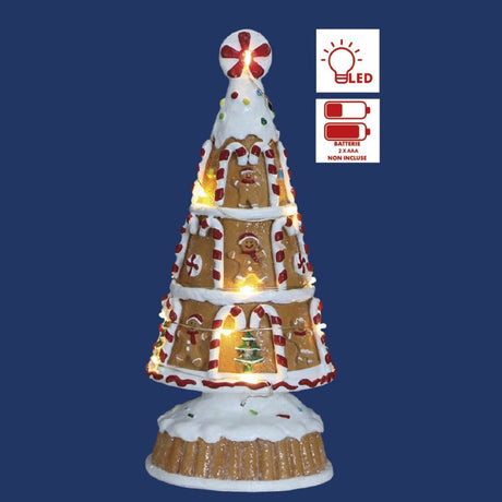 Albero decorativo in stile gingerbread con led su sfondo blu.