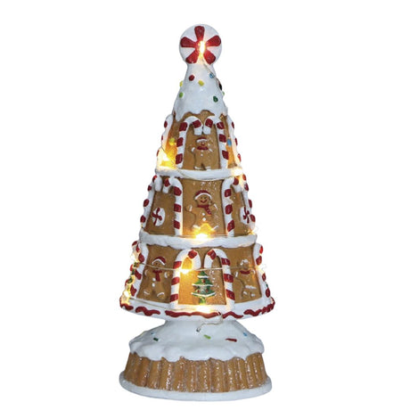 Albero decorativo in stile gingerbread con led su sfondo bianco.