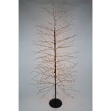 Albero decorativo luminoso alto 150 cm con rami sottili neri e micro LED bianco caldo, montato su base circolare.