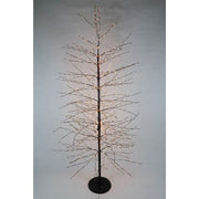Albero decorativo luminoso alto 150 cm con rami sottili neri e micro LED bianco caldo, montato su base circolare.