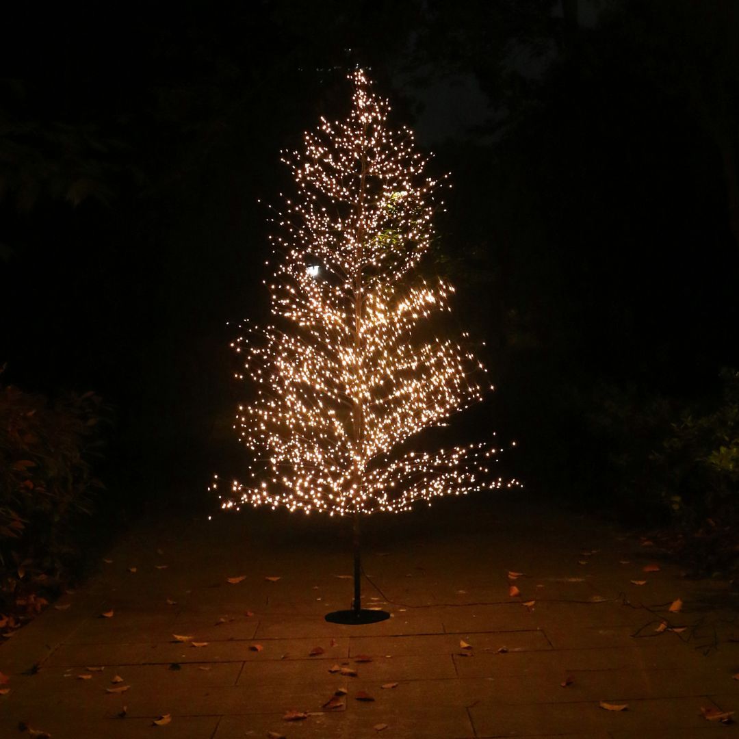 Albero decorativo luminoso alto 180 cm con rami sottili neri e micro LED bianco caldo in ambiente esterno di notte.