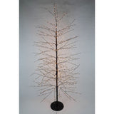 Albero decorativo luminoso alto 180 cm con rami sottili neri e micro LED bianco caldo, montato su base circolare.